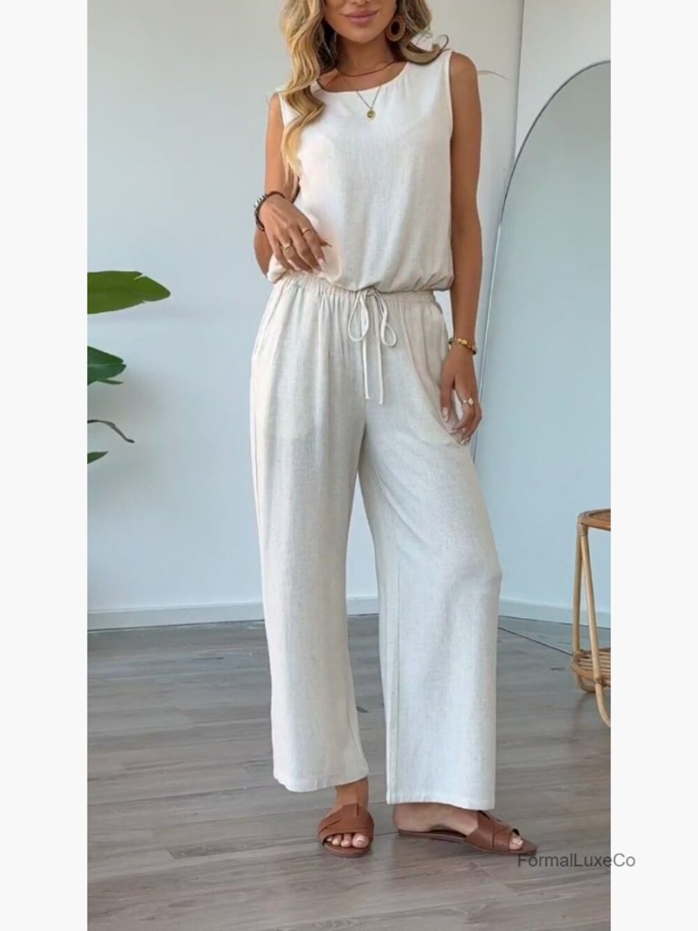 Linen 2 Piece Outfits Sleeveless Tank Top Wide Leg Pants Sets Tracksuit Casual - Picture 7 of 7